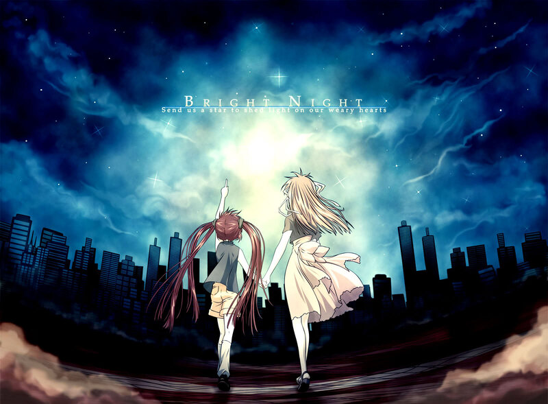 Two Girls Holding Hands — Blue, Serene, Night, Anime, City Skyline