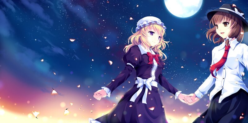 Two Girls Holding Hands — Blue, Serene, Night, Anime, Moon, Butterflies