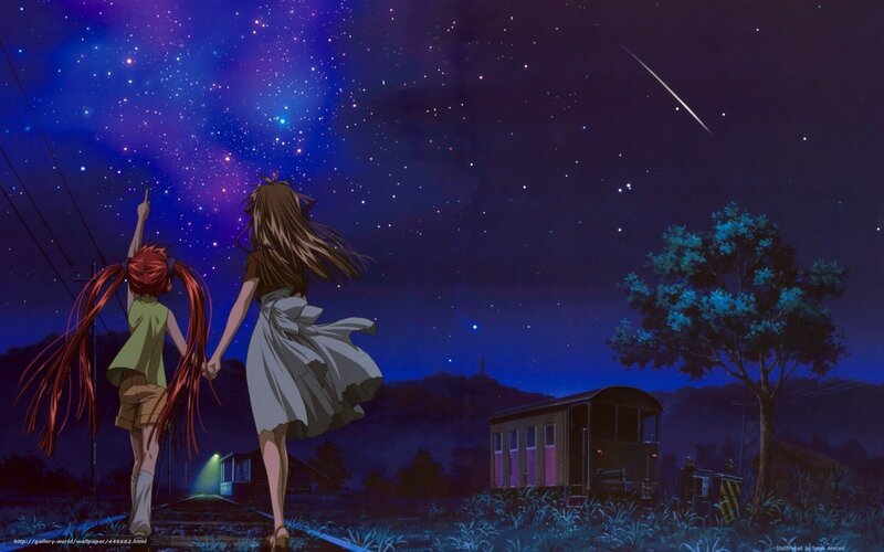 Two Girls Holding Hands — Blue, Serene, Night, Anime, Stars, Meteor