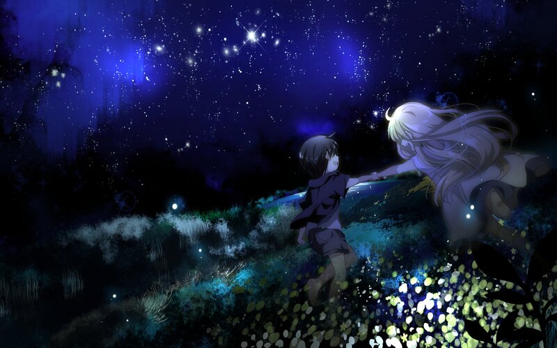Two Girls Holding Hands — Blue, Serene, Night, Anime