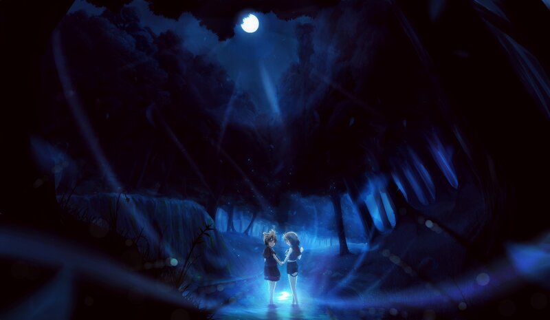 Two Girls Holding Hands — Blue, Serene, Night, Digital Art, Moon, Forest, River