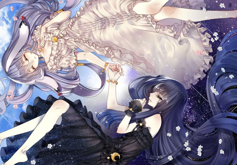 Two Girls Holding Hands — Blue, Serene, Night, Digital Art, Stars
