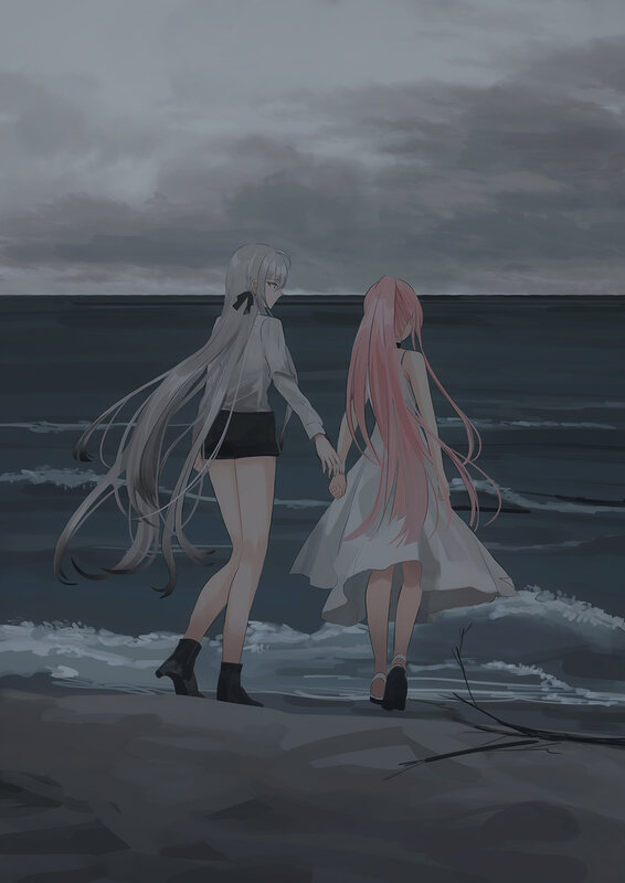 Two Girls Holding Hands — Gray, Somber