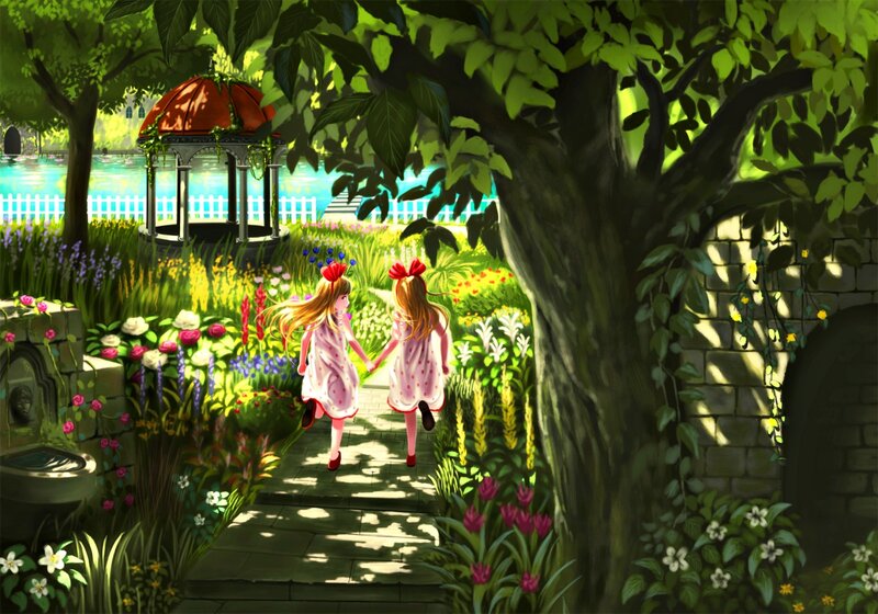 Two Girls Holding Hands — Green, Serene, Afternoon, Digital Art