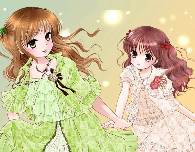 Two Girls Holding Hands — Green, Whimsical