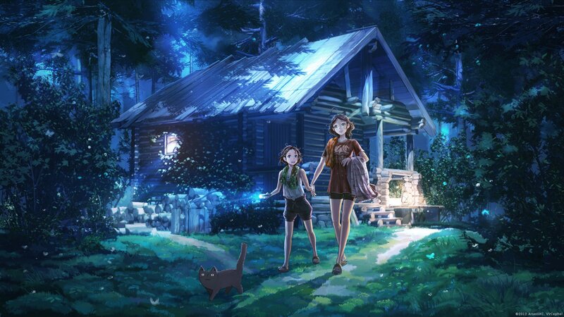 Two girls holding hands in a forest