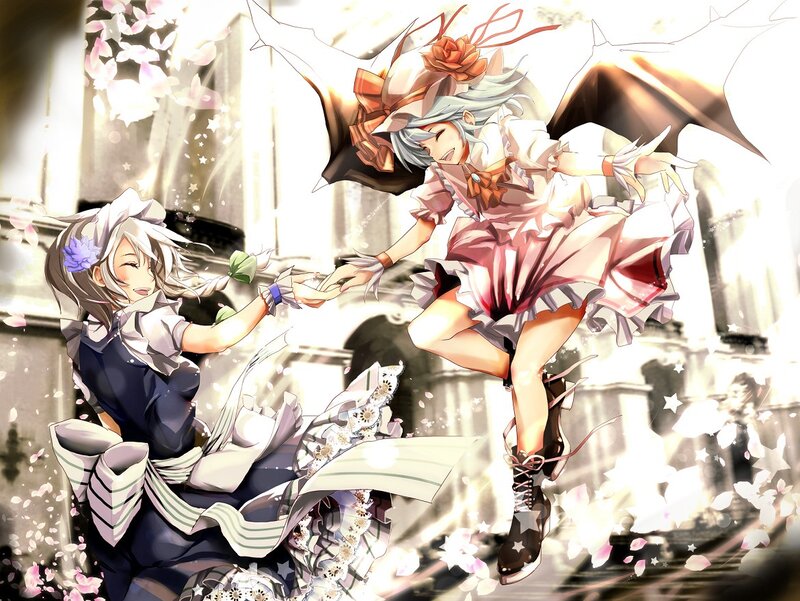 Two girls holding hands in a magical scene