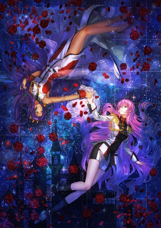 Two girls holding hands in a rose-filled sky