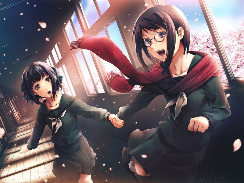 Two girls holding hands in a school