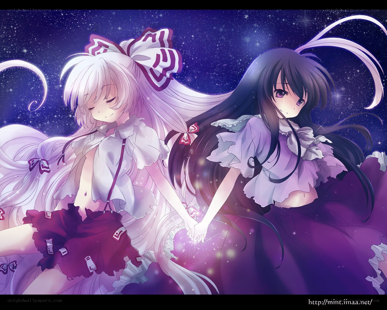 Two girls holding hands in space