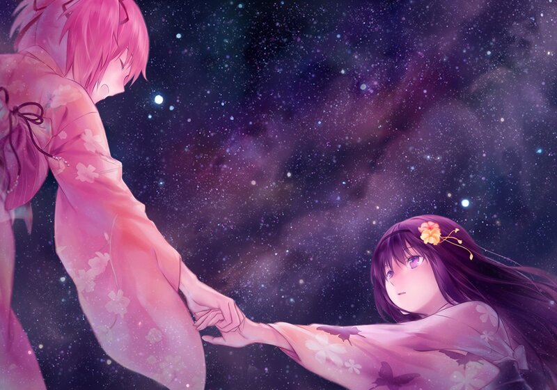 Two girls holding hands in space