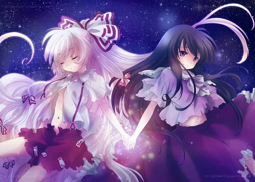 Two girls holding hands in space
