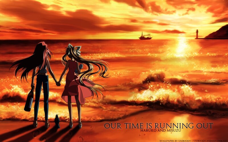 Two Girls Holding Hands — Orange, Dramatic, Sunset, Anime