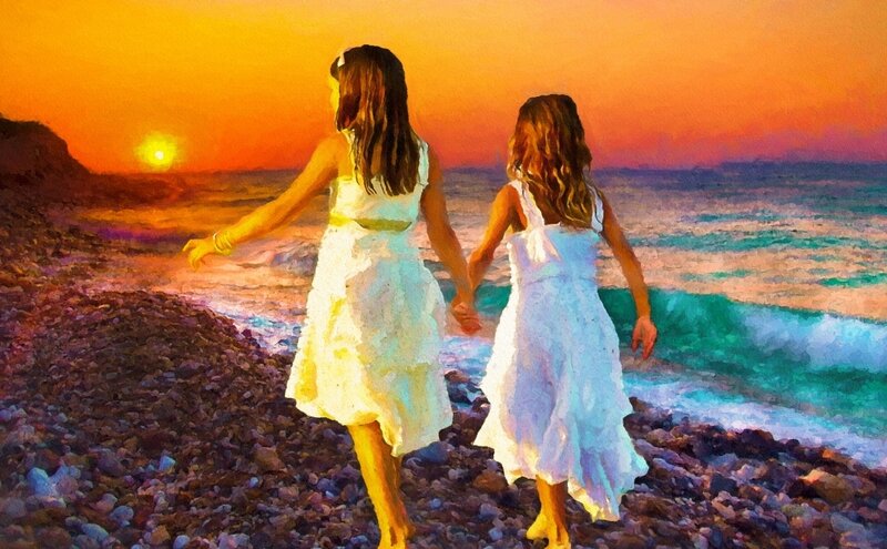 Two Girls Holding Hands — Orange, Serene, Sunset
