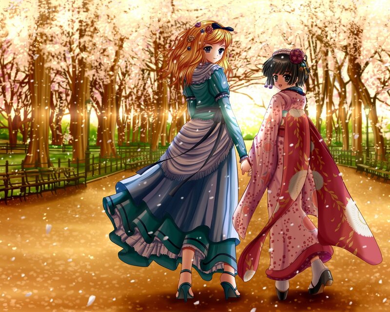 Two Girls Holding Hands — Pink, Serene, Spring, Anime