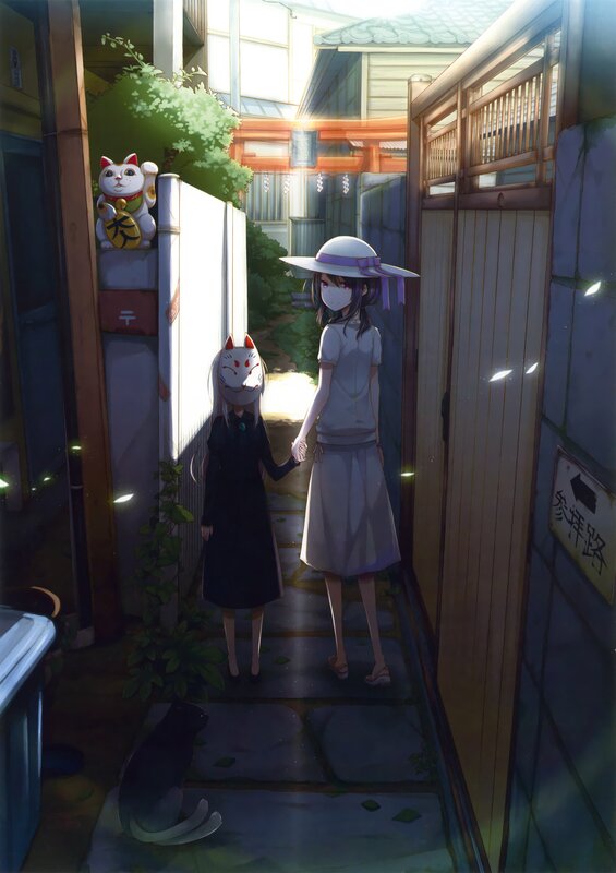 Two Girls Holding Hands — White, Serene, Afternoon, Anime, Cat Mask