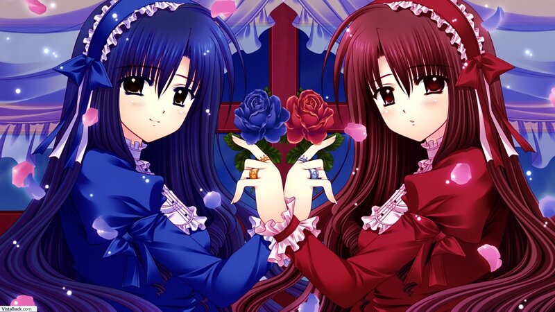 Two Girls Holding Roses — Blue, Romantic