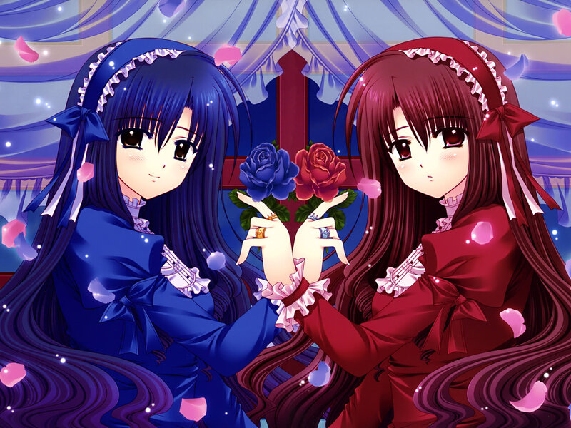Two Girls Holding Roses — Blue
