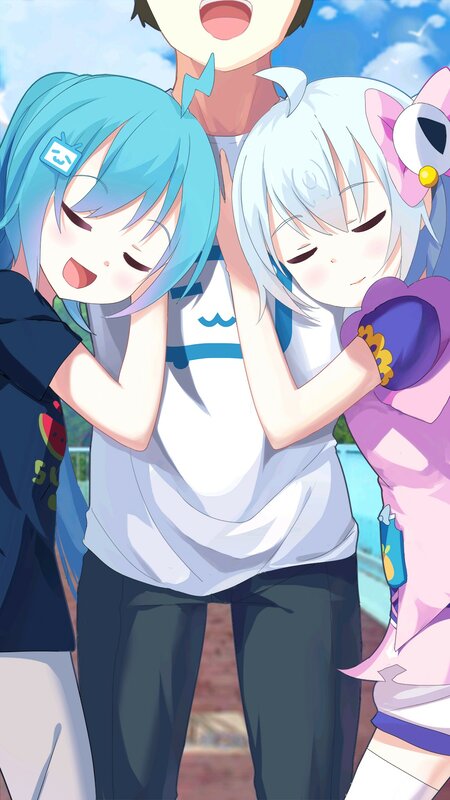 Two Girls Hugging a Boy