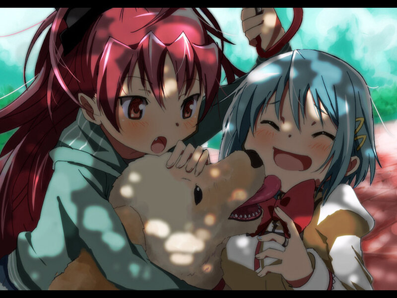 Two Girls Hugging a Dog