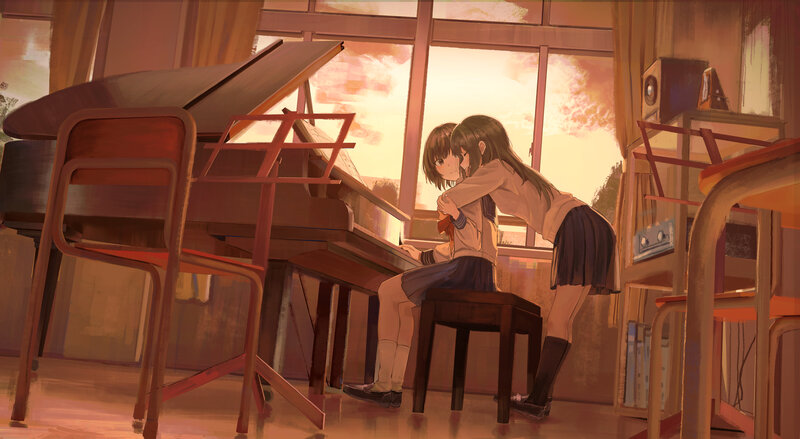 Two Girls Hugging at Piano