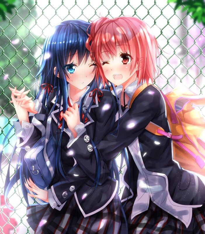 Two Girls Hugging — Blue, Affectionate, Spring, Anime