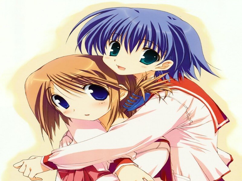 Two Girls Hugging — Blue, Affectionate
