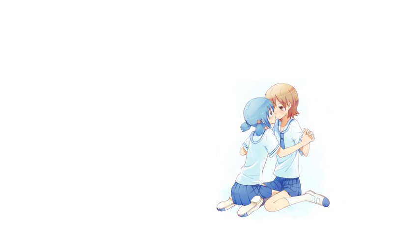 Two Girls Hugging — Blue, Calm, Anime, School Uniforms