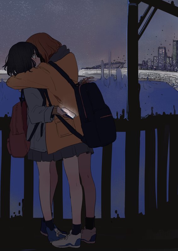 Two Girls Hugging — Blue, Calm, Night