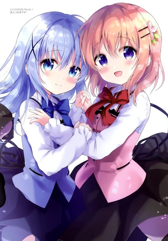 Two Girls Hugging — Blue, Cheerful, Anime