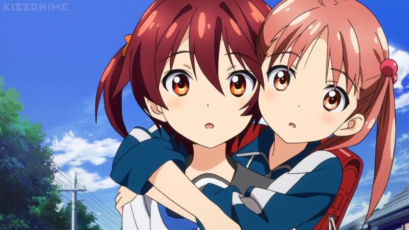 Two Girls Hugging — Blue, Cheerful