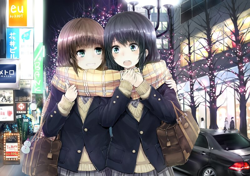 Two Girls Hugging — Blue, Cozy