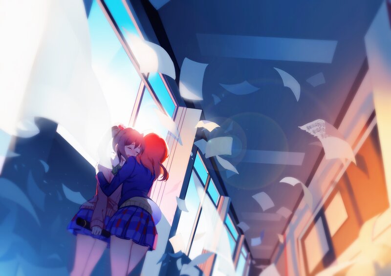 Two Girls Hugging — Blue, Dramatic, Afternoon