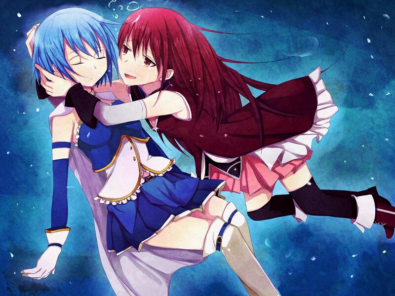Two Girls Hugging — Blue, Dramatic, Anime