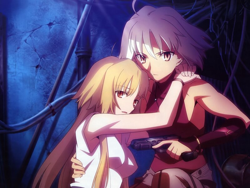 Two Girls Hugging — Blue, Dramatic, Night, Anime, Gun