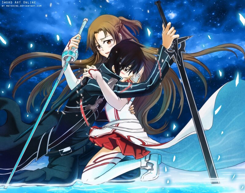 Two Girls Hugging — Blue, Dramatic, Night, Anime, Swords, Stars