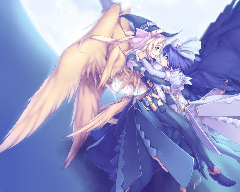 Two Girls Hugging — Blue, Dramatic, Night, Anime, Wings