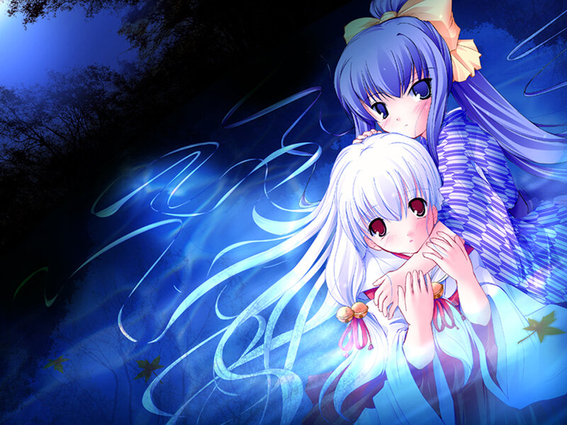 Two Girls Hugging — Blue, Dramatic, Night