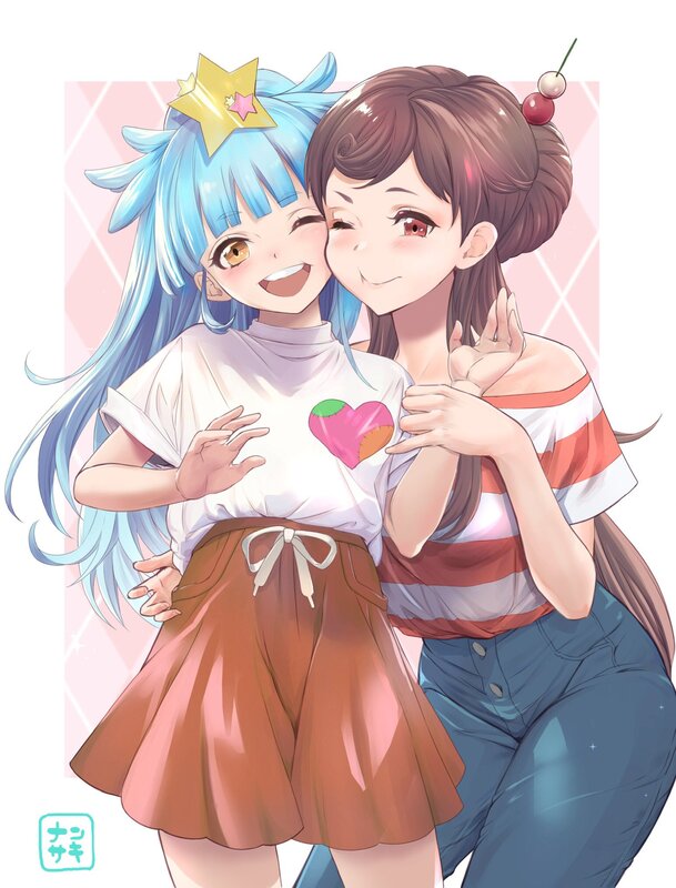 Two Girls Hugging — Blue, Happy, Anime, Heart