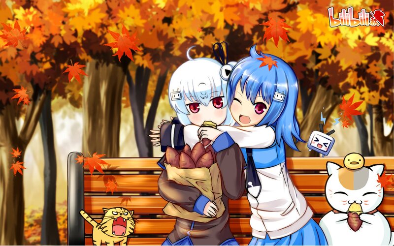 Two Girls Hugging — Blue, Happy, Autumn