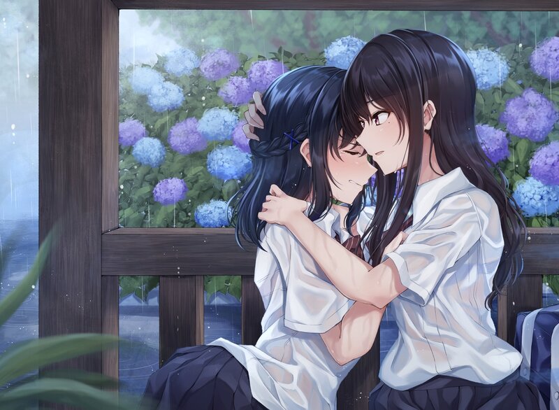 Two Girls Hugging — Blue, Intimate