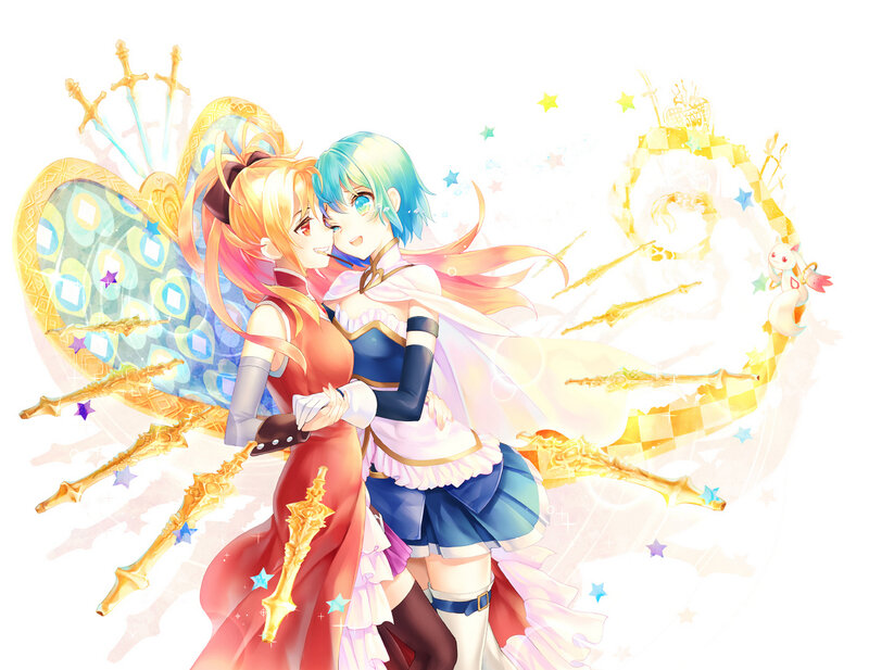 Two Girls Hugging — Blue, Joyful