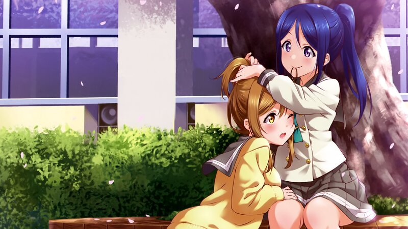 Two Girls Hugging — Blue, Peaceful, Spring, Anime