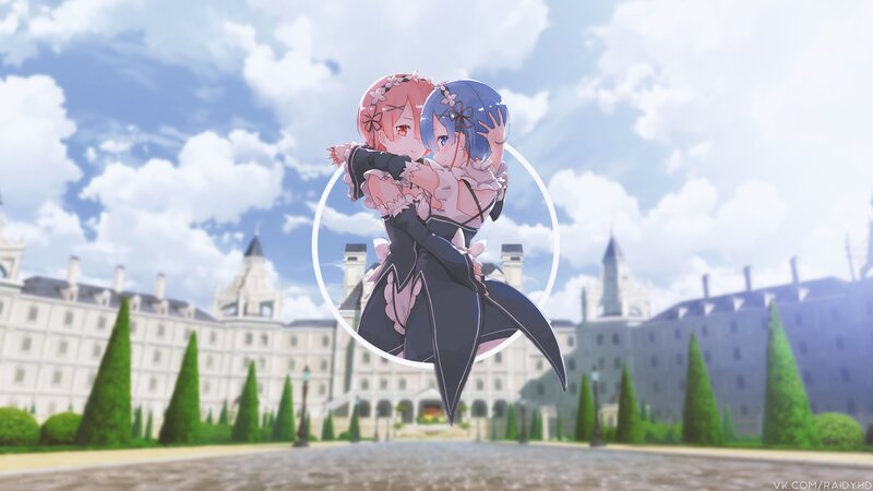 Two Girls Hugging — Blue, Serene, Afternoon, Anime, Castle, Garden
