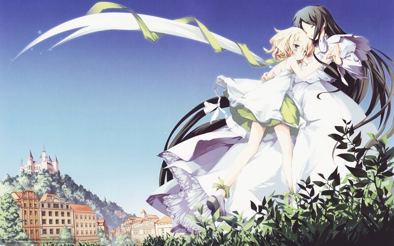 Two Girls Hugging — Blue, Serene, Afternoon, Anime, Castle, Ribbon