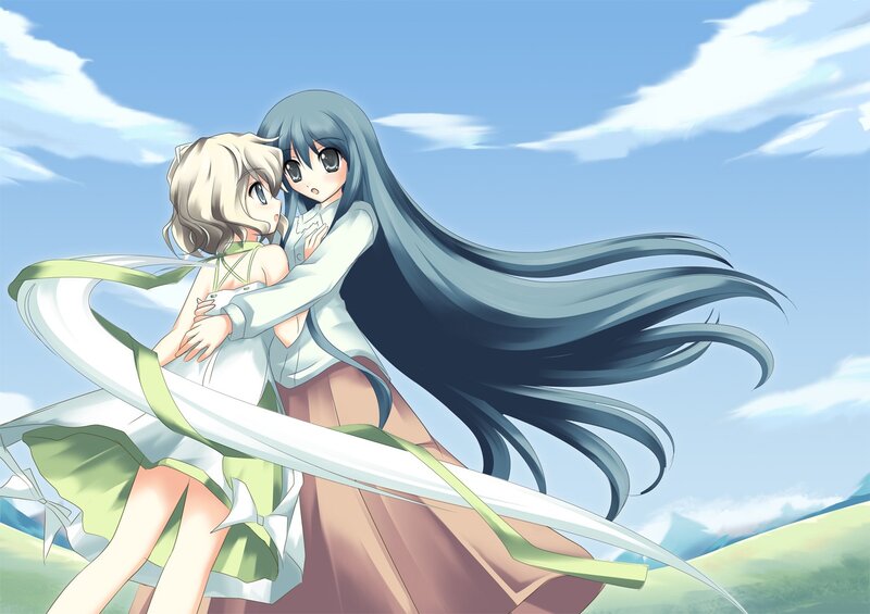 Two Girls Hugging — Blue, Serene, Afternoon, Anime, Sky, Grass
