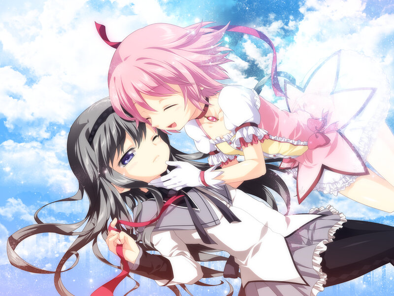 Two Girls Hugging — Blue, Serene, Afternoon, Anime