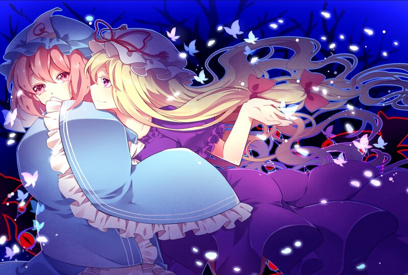 Two Girls Hugging — Blue, Serene, Night, Anime