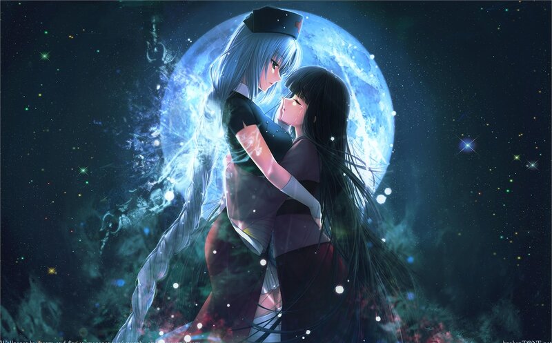 Two Girls Hugging — Blue, Serene, Night, Digital Art, Moon
