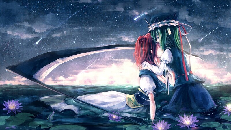 Two Girls Hugging — Blue, Serene, Night, Digital Art